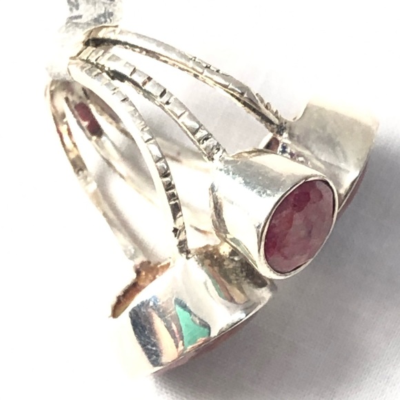 925 Silver Rhodochrosite Ring Natural Pink Round Gemstone Triple Band Sz 7 - Picture 11 of 15